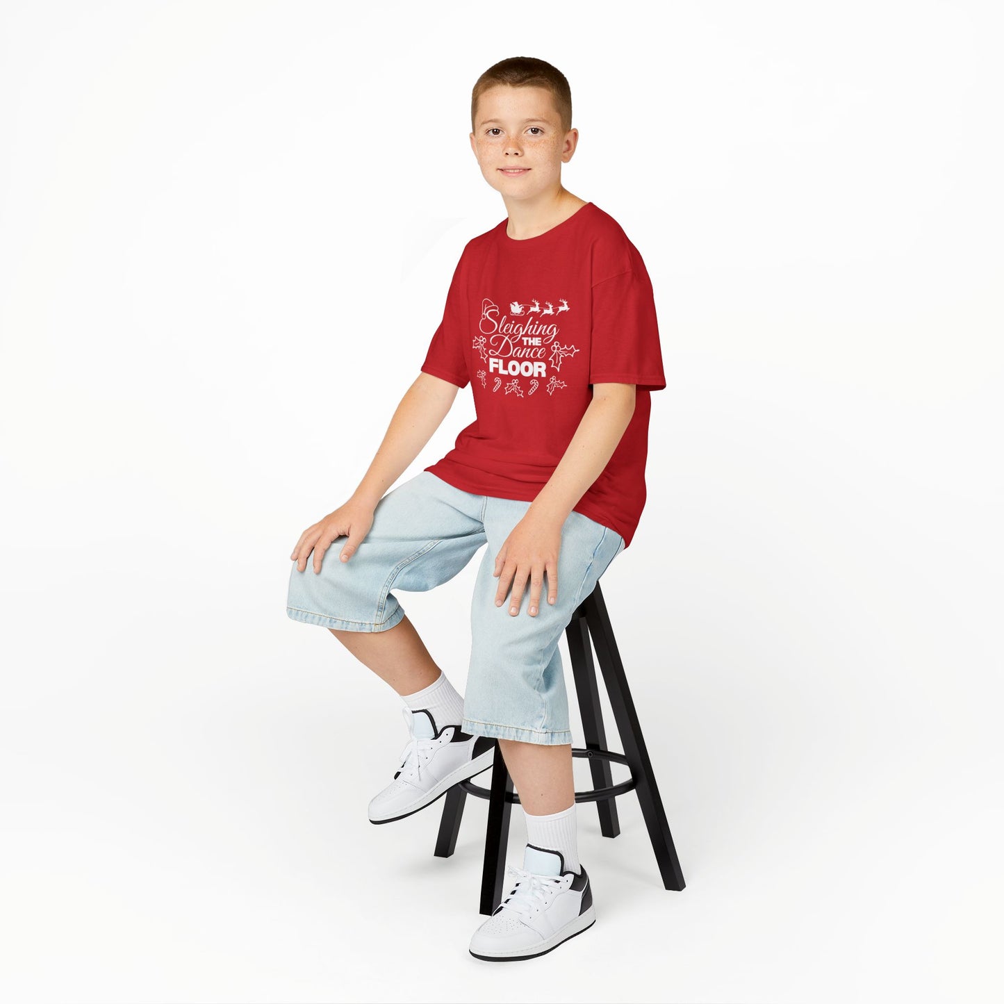 “Sleighing the Dance Floor” YOUTH TEE Short Sleeve with Santa’s Sleigh and Reindeer – Festive Christmas Dance Shirt for Kids and Young Dancers