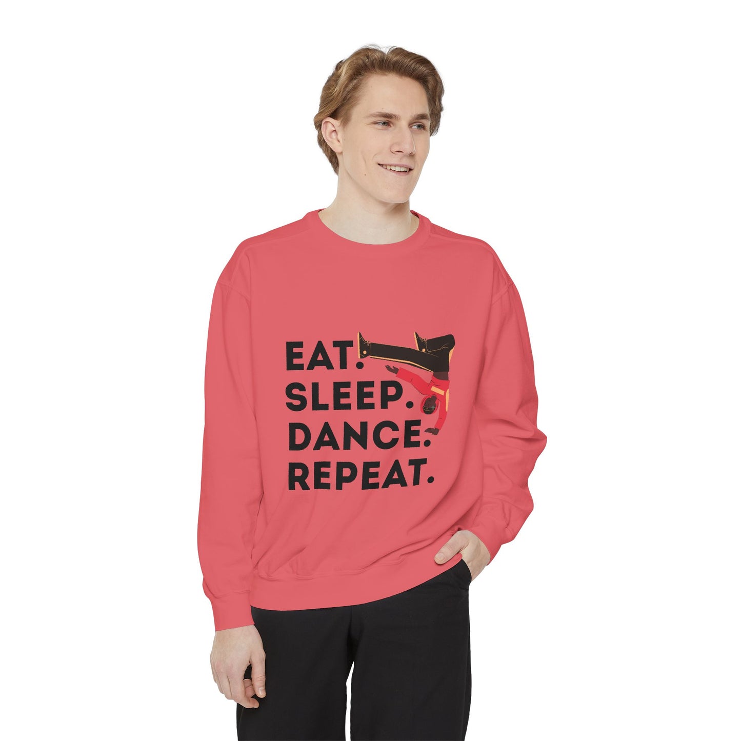 "Eat, Sleep, Dance, Repeat." Unisex Lightweight Crewneck Sweatshirt – Bold B-Boy Graphic Pullover for Hip-Hop Dancers & Street Style Fans