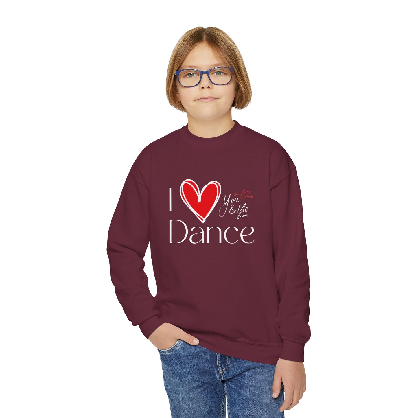"I Love Dance" Youth Crewneck Sweatshirt – Hand-Drawn Heart & Note Graphic Dance Lover Pullover