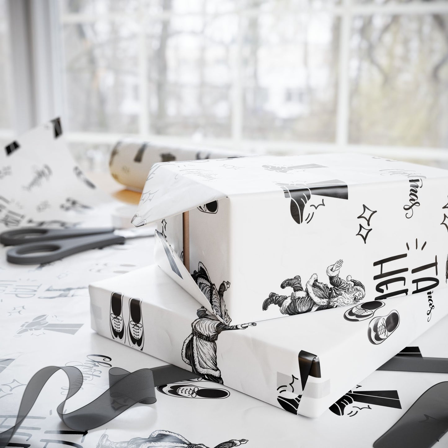 “Tap Here” Christmas Wrapping Paper – Fun Black & White Holiday Gift Wrap with Tap Shoes & Santa Design, Perfect for Tap Dancers & Dance Studios