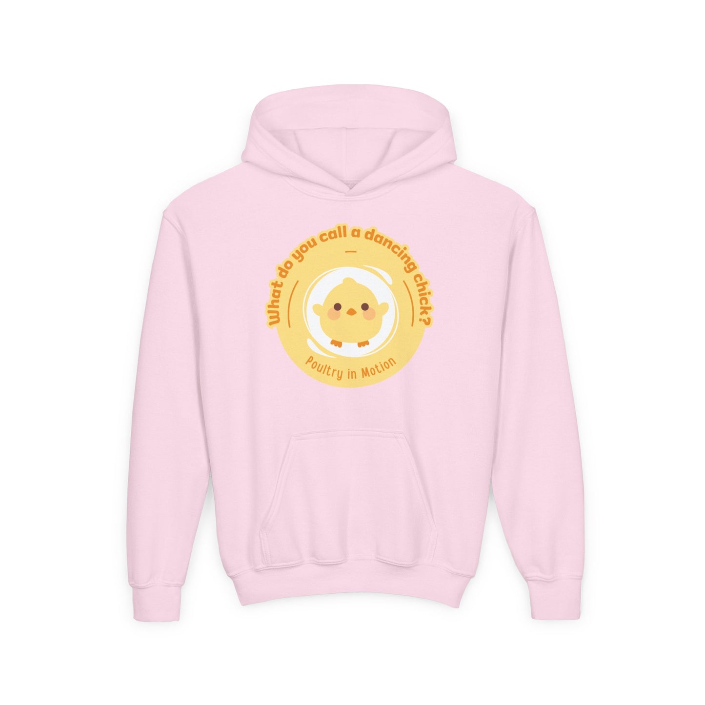 "What do you call a dancing chick? Poultry in Motion." Youth Hooded Sweatshirt – Funny Dancing Chick Pun Graphic Hoodie for Kids and Teens