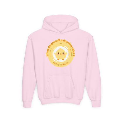 "What do you call a dancing chick? Poultry in Motion." Youth Hooded Sweatshirt – Funny Dancing Chick Pun Graphic Hoodie for Kids and Teens