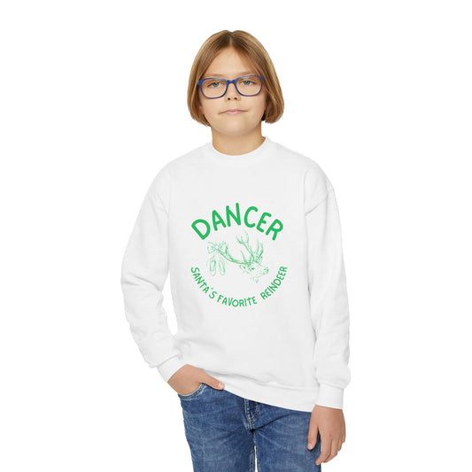 “Dancer, Santa’s Favorite Reindeer” YOUTH SWEATSHIRT Crewneck with Vintage Reindeer Graphic – Festive Christmas Dance Sweatshirt for Dancers & Holiday Events