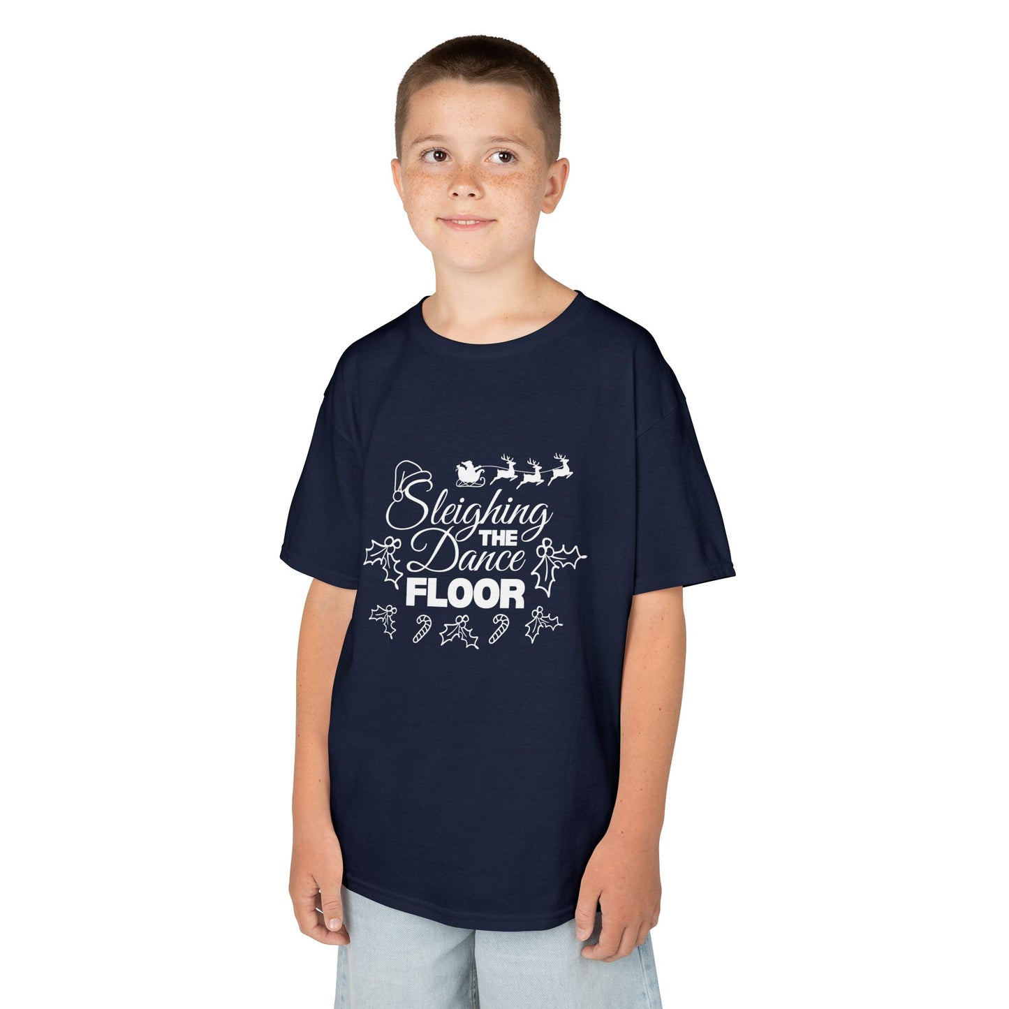 “Sleighing the Dance Floor” YOUTH TEE Short Sleeve with Santa’s Sleigh and Reindeer – Festive Christmas Dance Shirt for Kids and Young Dancers