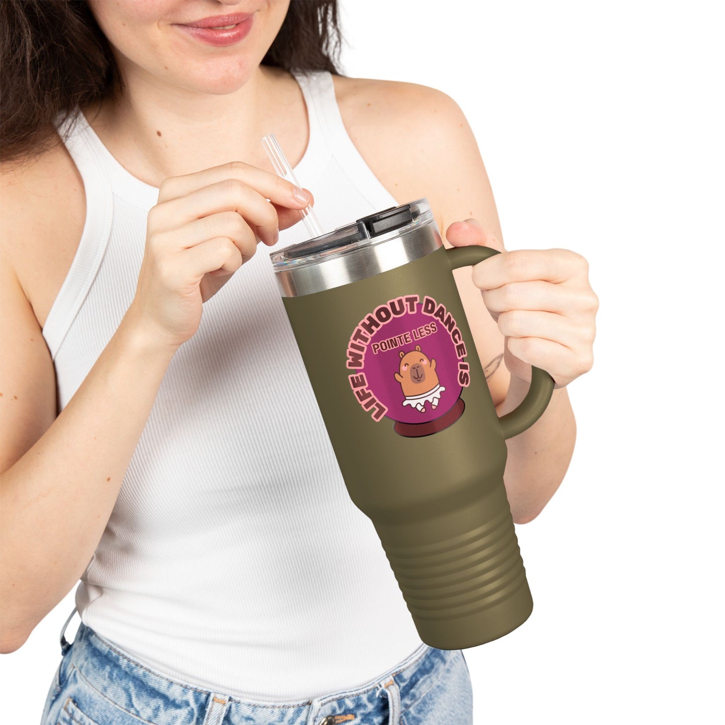 "Life Without Dance is Pointeless" 40oz Insulated Travel Mug – Cute Capybara Dance Graphic Stainless Steel Tumbler for Dancers & Dance Lovers