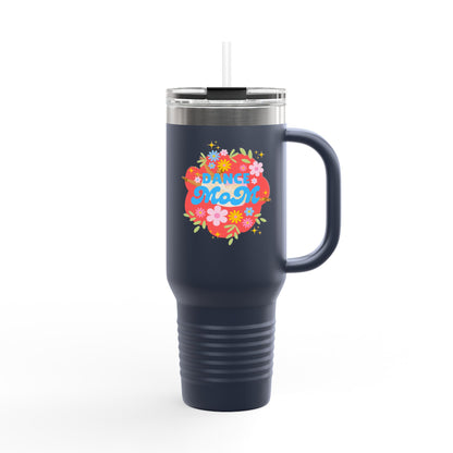 "Dance Mom" 40oz Insulated Travel Mug – Floral Graphic with Costume Designer, Makeup Artist, Chauffeur Text – Funny Dance Mom Gift Tumbler