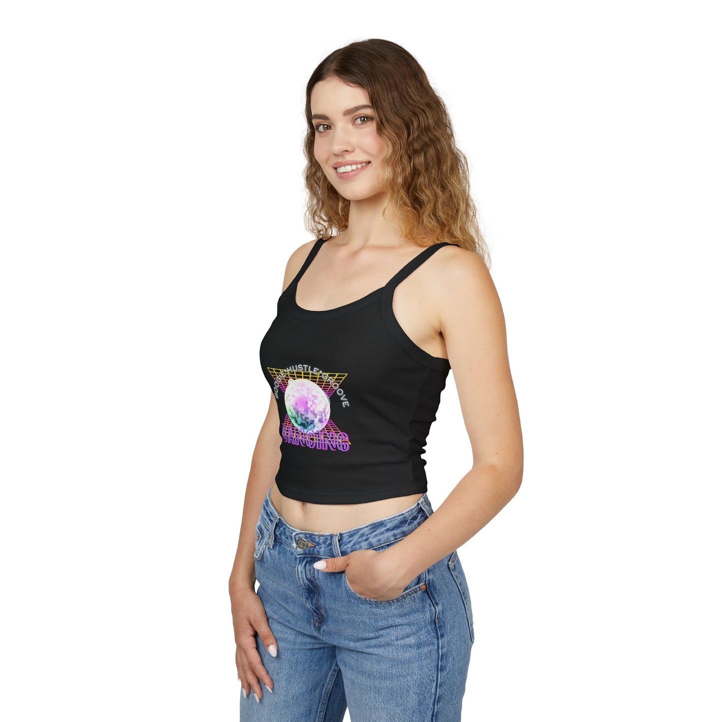 "Boogie, Hustle, Groove – Dancing" Women’s Spaghetti Strap Tank Top – Bold Retro Graphic | Fun 70s-Inspired Dancewear for Studio & Everyday Style