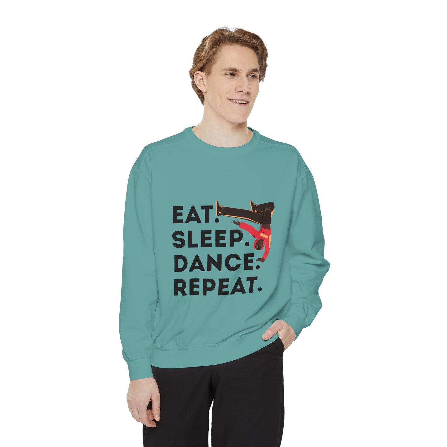 "Eat, Sleep, Dance, Repeat." Unisex Lightweight Crewneck Sweatshirt – Bold B-Boy Graphic Pullover for Hip-Hop Dancers & Street Style Fans