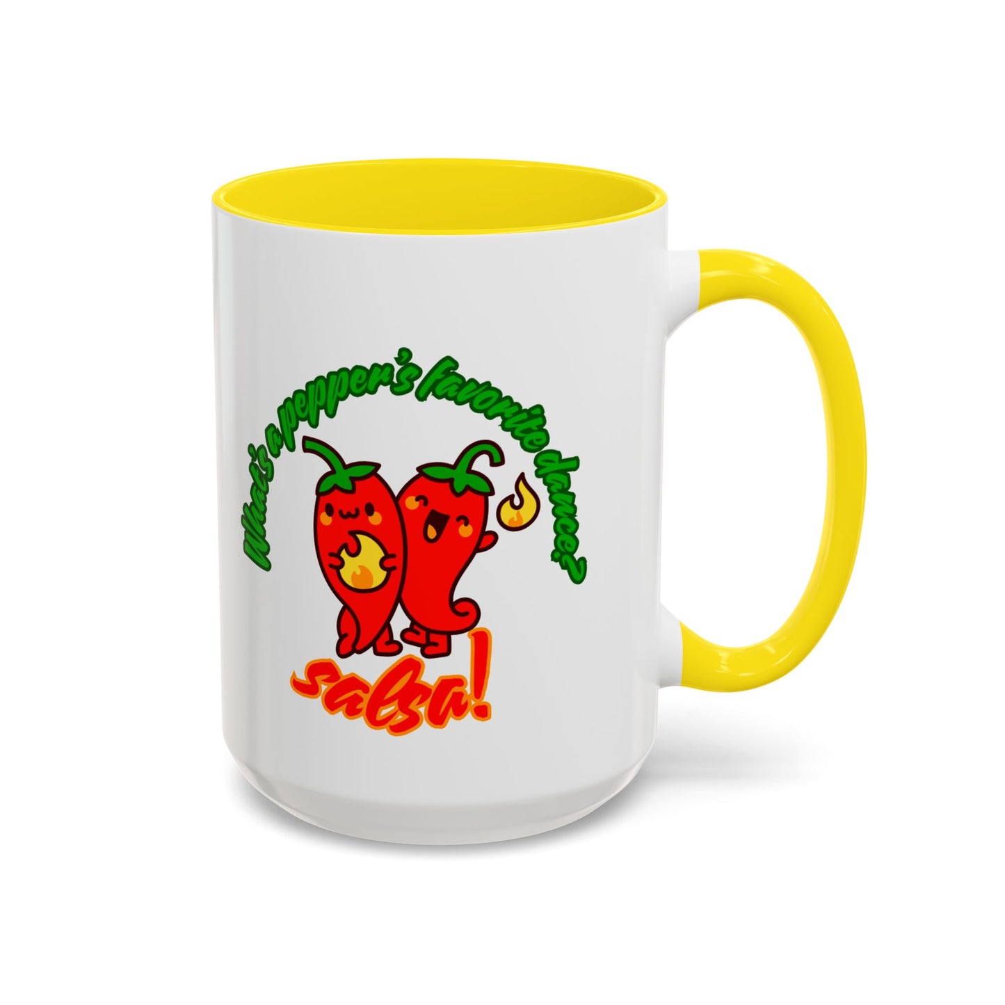 "What's a Pepper's Favorite Dance? Salsa." Accent Coffee Mug – Funny Dance Pun Ceramic Mug for Dancers and Food Lovers