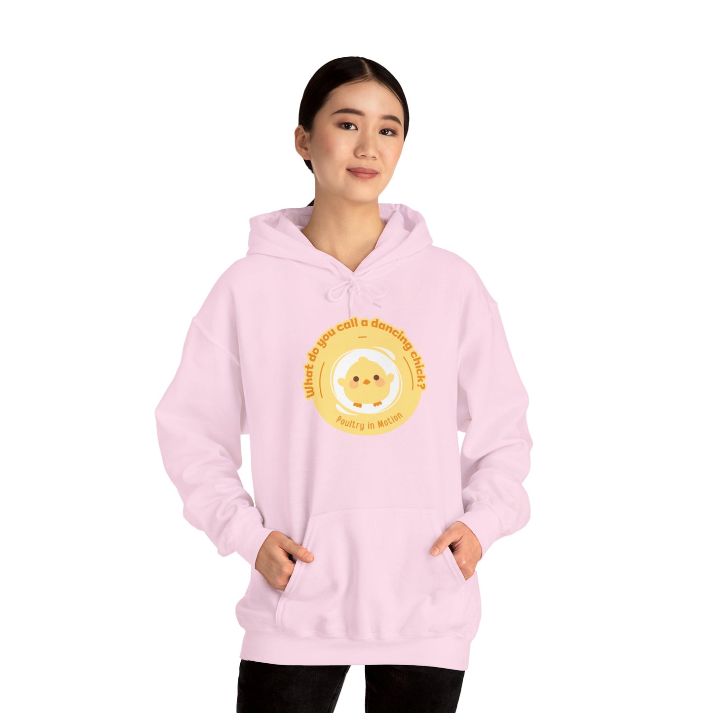 "What do you call a dancing chick? Poultry in Motion" Unisex Dance Hoodie – Funny Dancing Chick Graphic Sweatshirt for Dancers