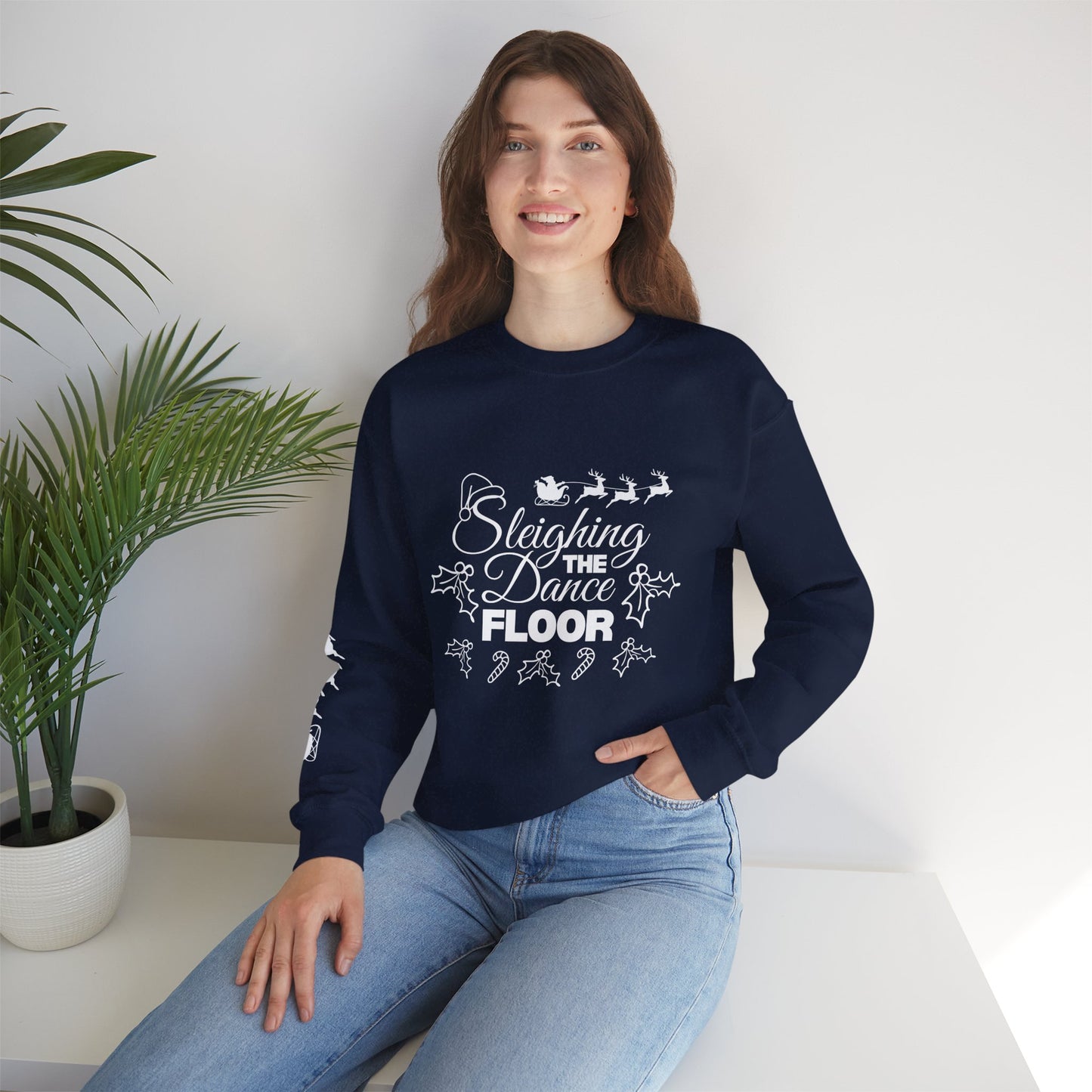“Sleighing the Dance Floor” ADULT SWEATSHIRT Unisex Heavy Blend Crewneck – Festive Christmas Dance Sweatshirt with Santa’s Sleigh & Reindeer Arm Design, Perfect for Dancers & Studios