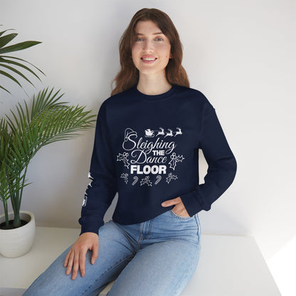 “Sleighing the Dance Floor” ADULT SWEATSHIRT Unisex Heavy Blend Crewneck – Festive Christmas Dance Sweatshirt with Santa’s Sleigh & Reindeer Arm Design, Perfect for Dancers & Studios