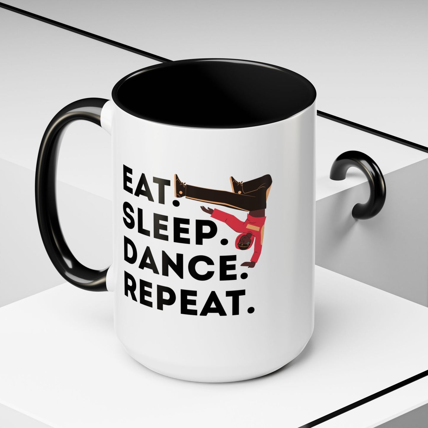 "Eat Sleep Dance Repeat" Accent Coffee Mug – Bold B-Boy Graphic Ceramic Mug for Hip Hop Dancers
