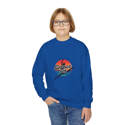 "Keep Calm and Dance On" Youth Crewneck Sweatshirt – Retro Graphic Dance-Themed Kids Pullover for Young Performers