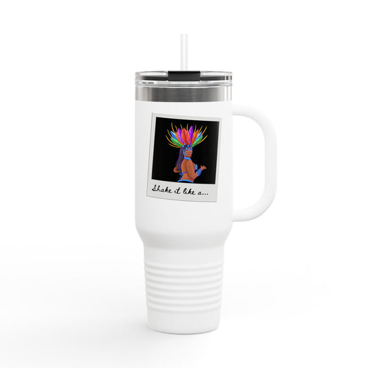 "Shake It Like a..." 40oz Insulated Travel Mug – Carnival Samba Dancer Graphic | Fun Dance-Themed Stainless Steel Tumbler for Hot & Cold Drinks