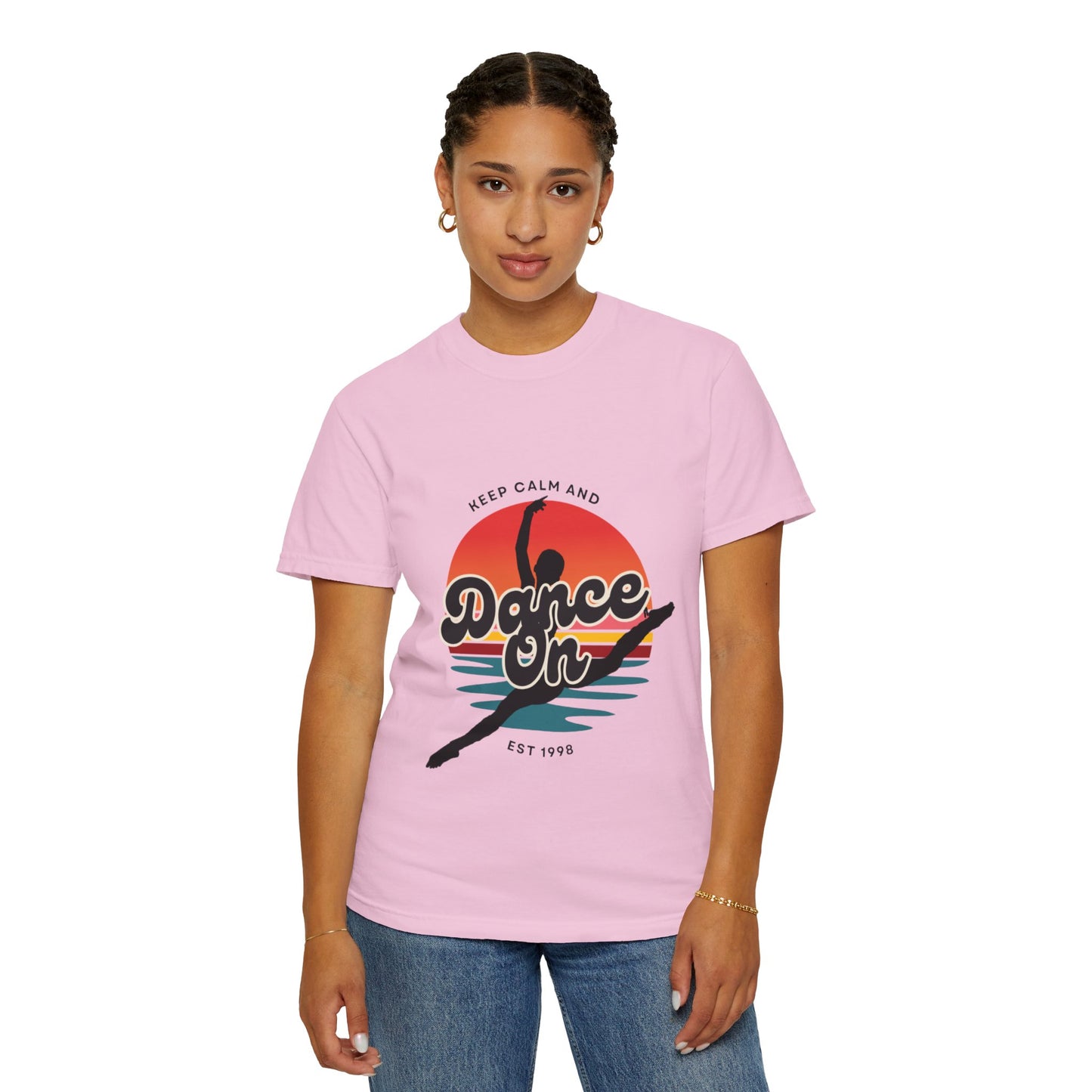 "Keep Calm and Dance On" Unisex Garment-Dyed T-Shirt – Retro Dance Graphic Tee – Vintage-Inspired Comfort Shirt for Dancers