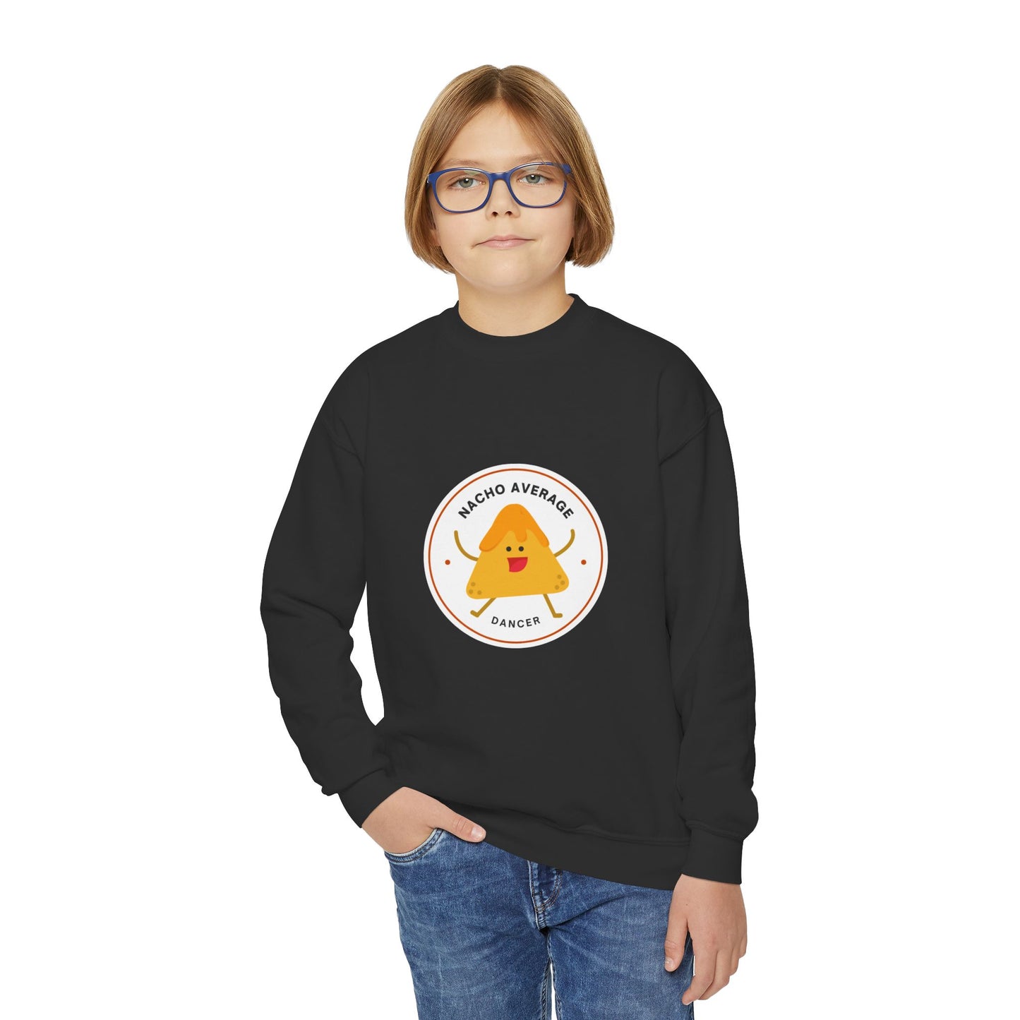 "Nacho Average Dancer" – Funny Youth Crewneck Dance Sweatshirt | Cute Nacho Graphic Kids Pullover