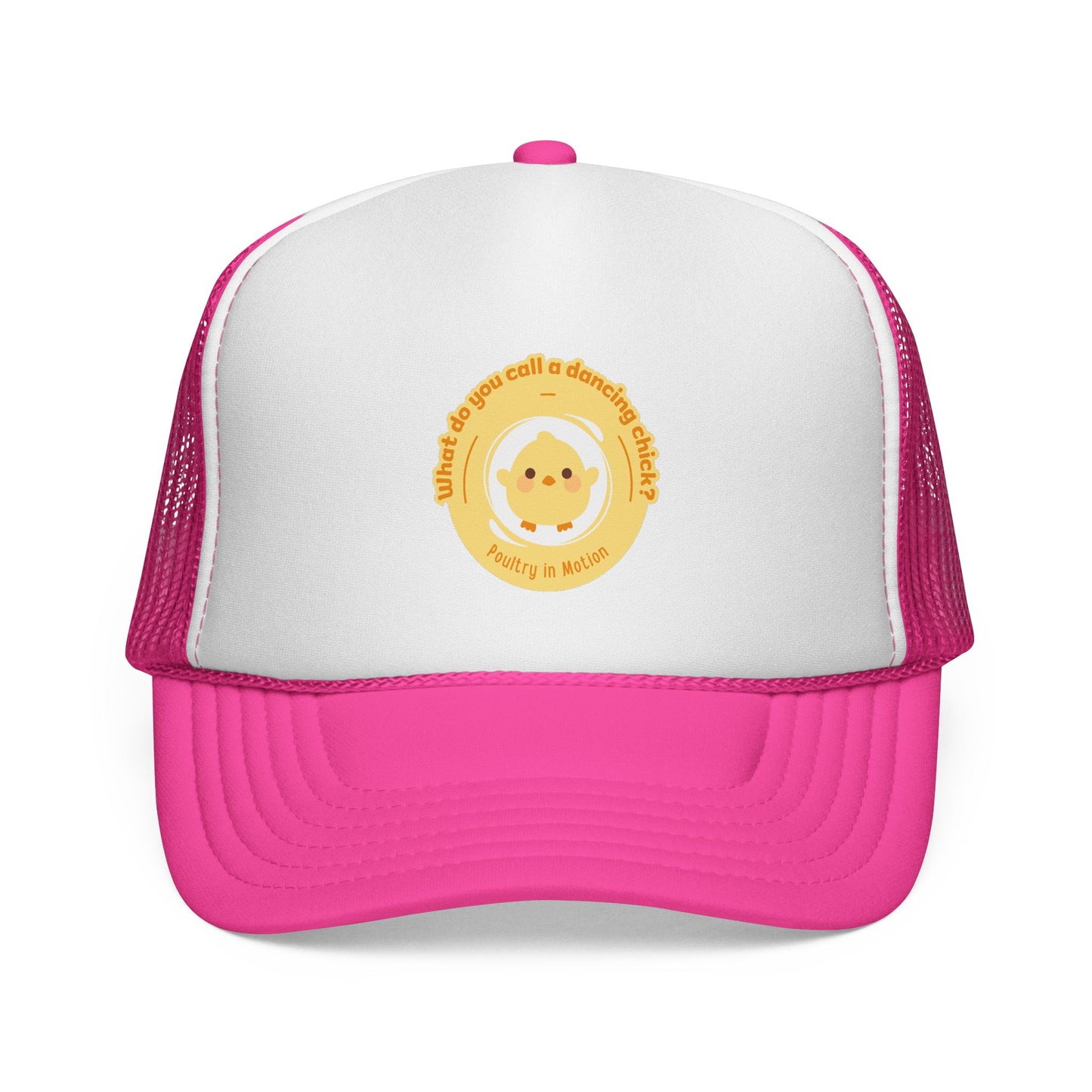 "What do you call a dancing chick? Poultry in Motion" Funny Dance Trucker Hat – Cute Chicken Graphic Unisex Cap for Dancers & Pun Lovers