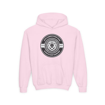 "Jeté Competition Team - Always Keep Dancing" Youth Hooded Sweatshirt – Bold Collegiate Emblem Dance Graphic Hoodie for Kids and Teens