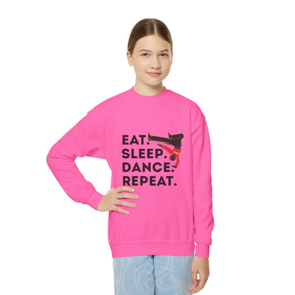 "Eat Sleep Dance Repeat" – Bold B-Boy Graphic Youth Crewneck Sweatshirt | Hip Hop Dance Kids Pullover
