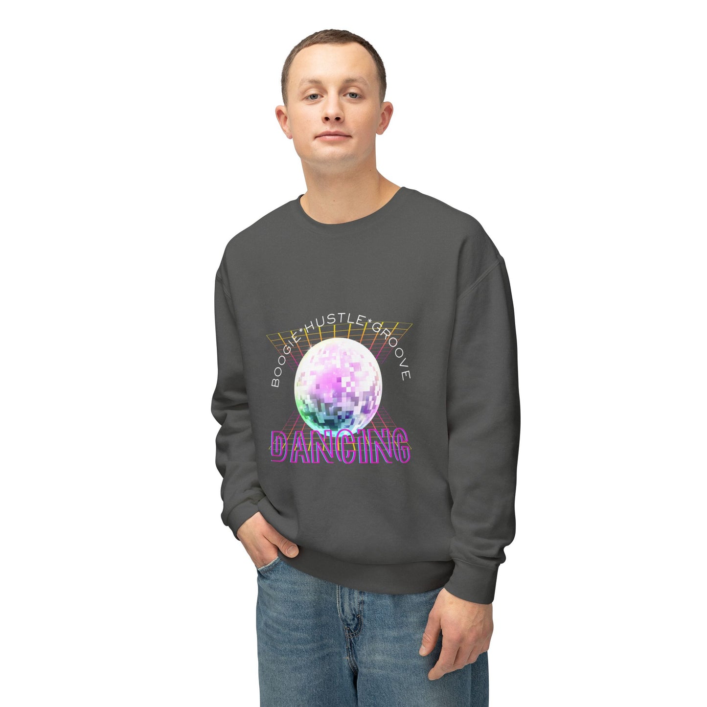 "Boogie, Hustle, Groove - Dancing" Streetwear Dance Graphic – Unisex Lightweight Crewneck Sweatshirt