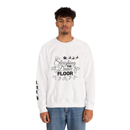 “Sleighing the Dance Floor” ADULT SWEATSHIRT Unisex Heavy Blend Crewneck – Festive Christmas Dance Sweatshirt with Santa’s Sleigh & Reindeer Arm Design, Perfect for Dancers & Studios