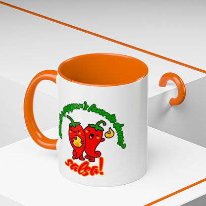 "What's a Pepper's Favorite Dance? Salsa." Accent Coffee Mug – Funny Dance Pun Ceramic Mug for Dancers and Food Lovers