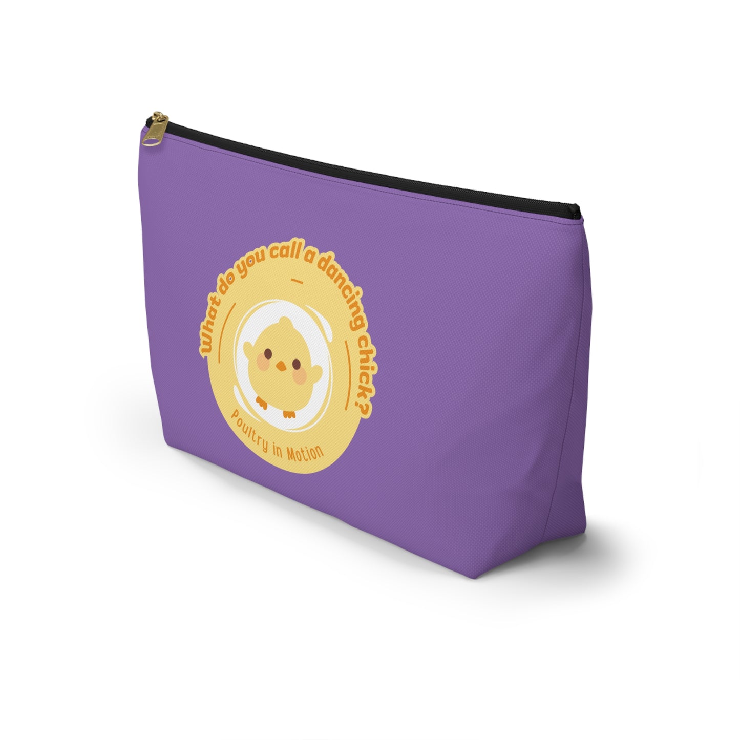 "What do you call a dancing chick? Poultry in Motion." Makeup Bag – Funny Dancing Chick Pun with Cute Chicken Graphic – Dance-Themed Zipper Pouch for Cosmetics, Accessories & Gifts