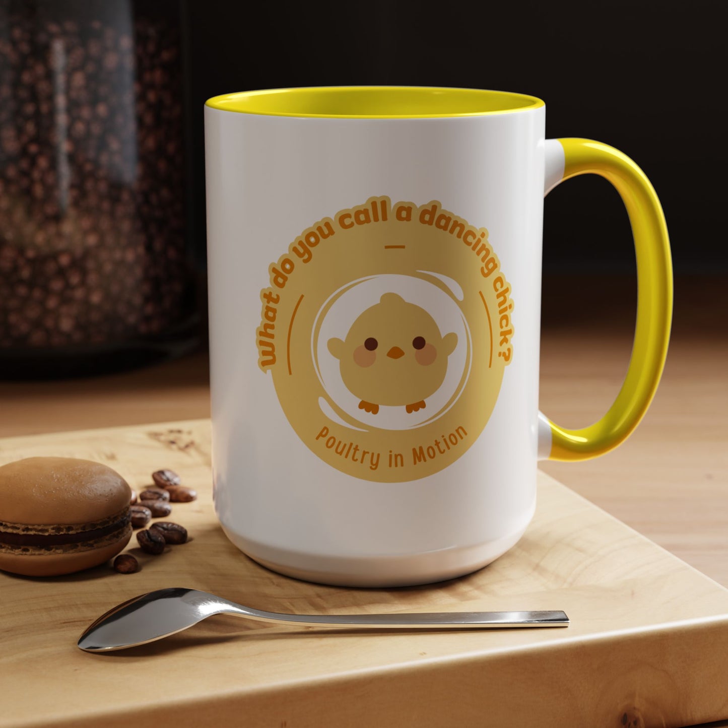 "What Do You Call a Dancing Chick? Poultry in Motion" Accent Coffee Mug – Funny Dance Pun Ceramic Mug for Dancers and Chick Enthusiasts