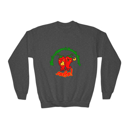 "What's a pepper's favorite dance?  Salsa!" – Funny Dance Pun Youth Crewneck Sweatshirt | Cute Pepper Graphic Kids Pullover for Dancers