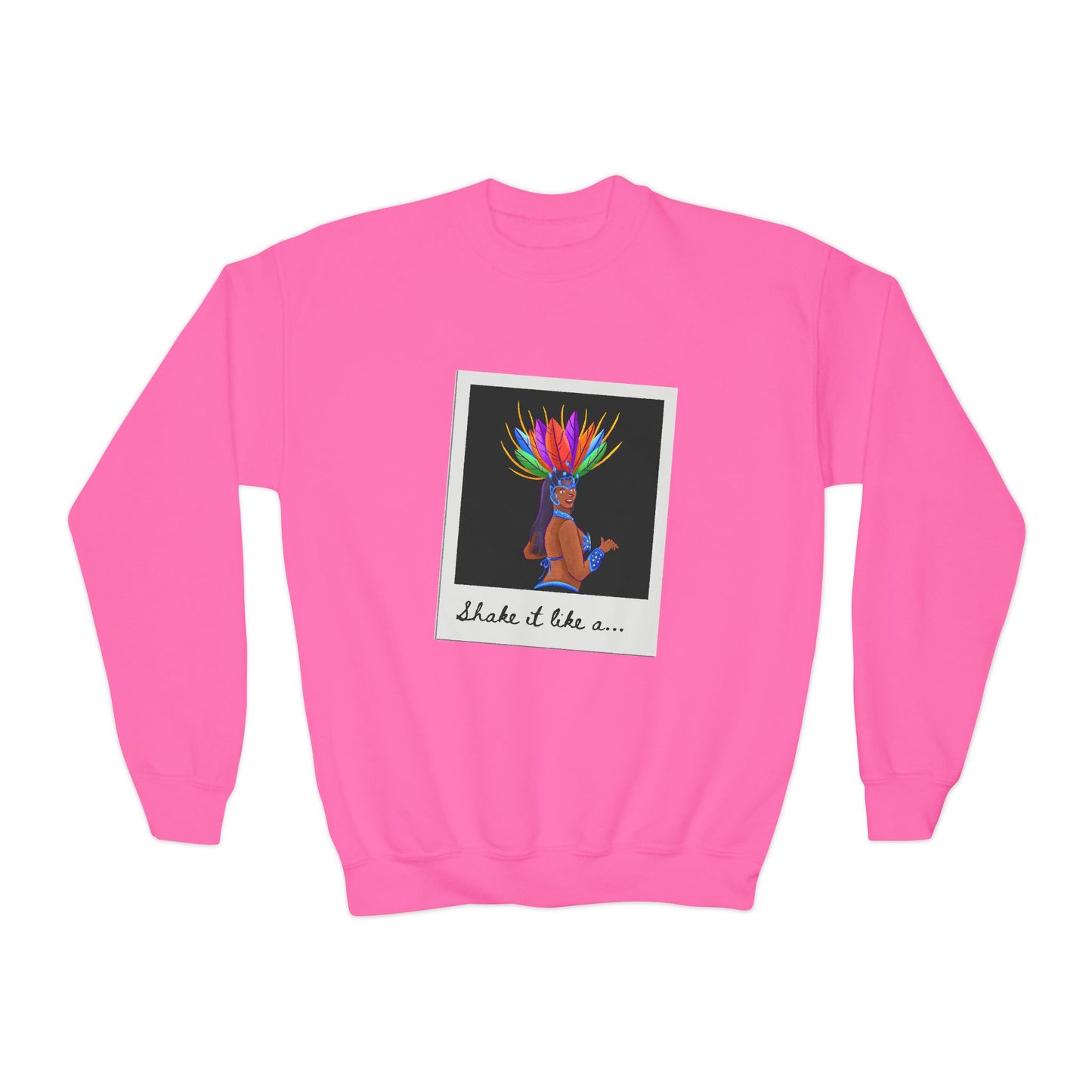 "Shake It Like a..." Youth Crewneck Sweatshirt – Carnival-Inspired Samba Dancer Graphic Pullover for Kids and Teens