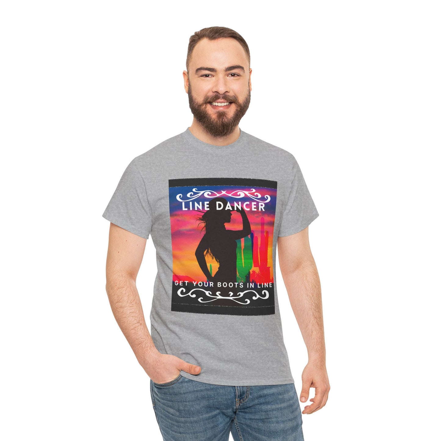"Line Dancer" Unisex Heavy Cotton T-Shirt – Western Country Dance Graphic Tee – 'Get Your Boots in Line' Cowboy-Inspired Shirt