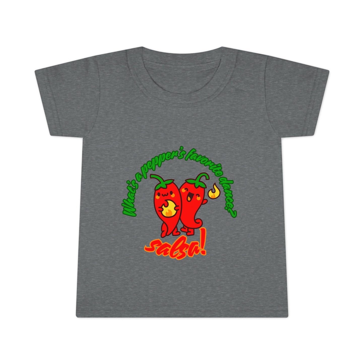 "What Is a Pepper's Favorite Dance? Salsa!" Toddler Dance T-Shirt – Cute Pepper Pun Graphic Short Sleeve Tee for Kids