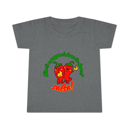 "What Is a Pepper's Favorite Dance? Salsa!" Toddler Dance T-Shirt – Cute Pepper Pun Graphic Short Sleeve Tee for Kids