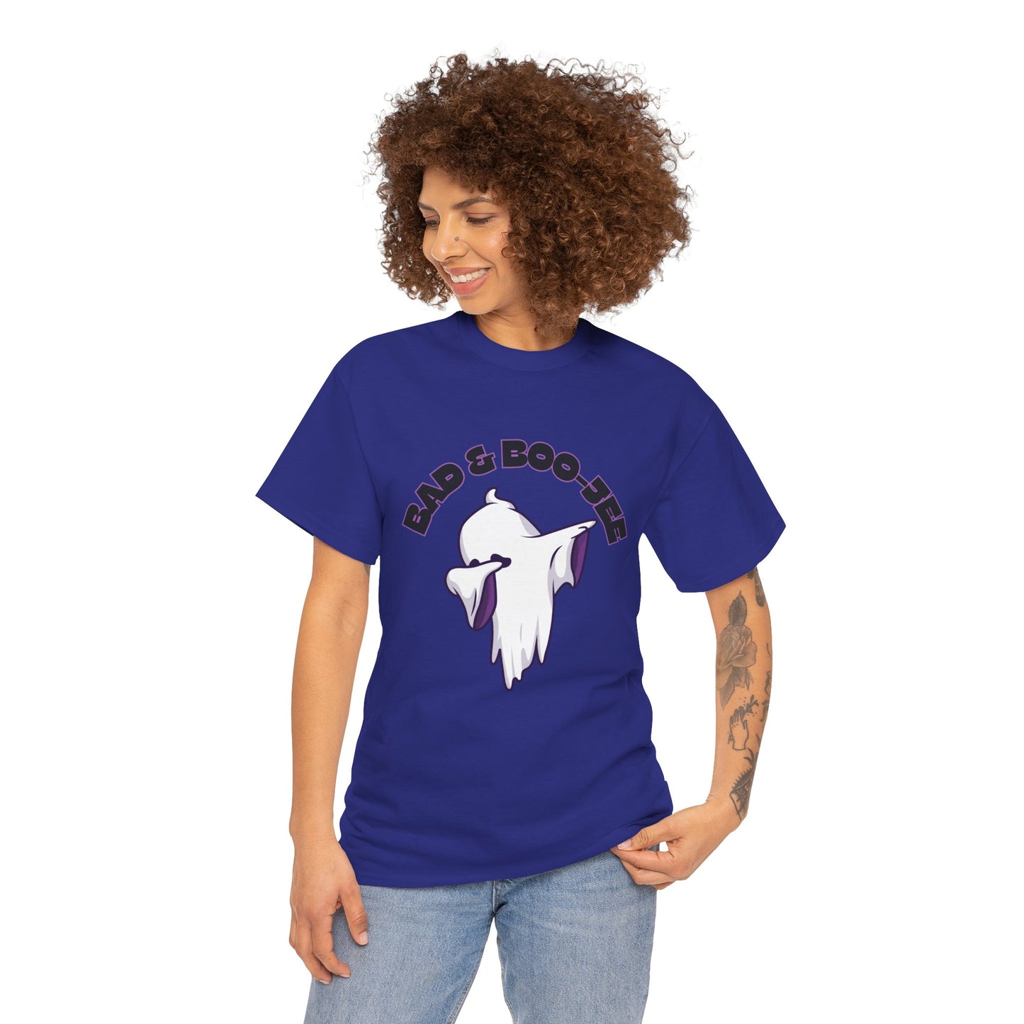 “Bad & Boo-jee” Funny Halloween Dance T-Shirt with Cute Ghost Dab Graphic - Unisex Heavy Cotton Tee