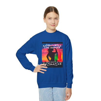 "Line Dancer, Get Your Boots in Line!" Youth Crewneck Sweatshirt – Western-Inspired Dance Graphic – Country Dance Pullover for Kids