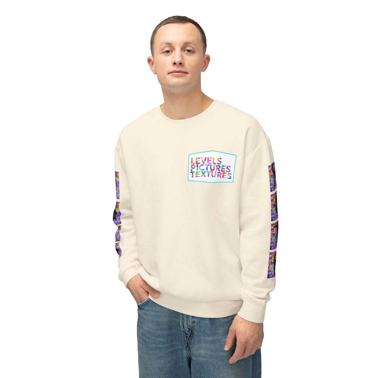 Levels Premium Collection Dance Crewneck Sweatshirt – Vibrant Unisex Streetwear Pullover with "Levels Pictures Textures" Front Text and Dancer Silhouettes on Sleeves