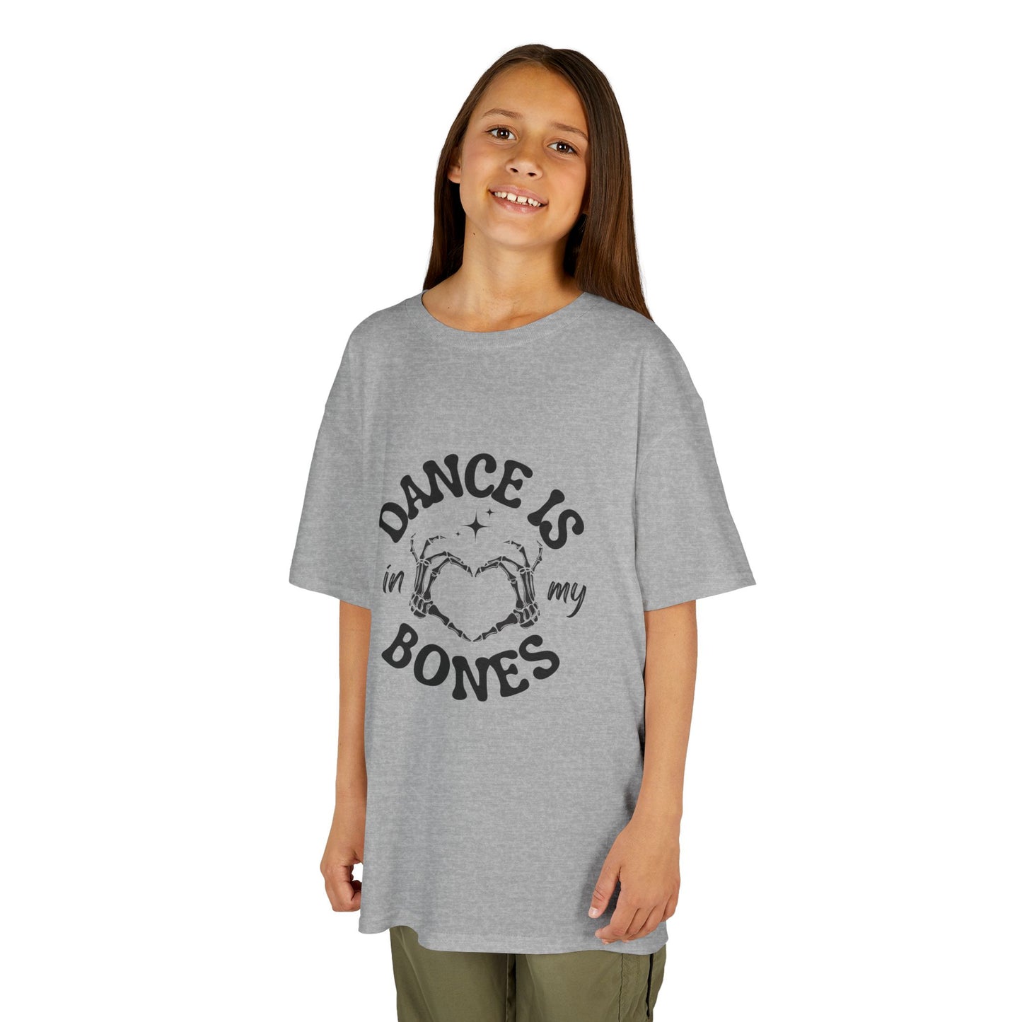 “Dance Is in My Bones” Halloween Dance T-Shirt with Cute Skeleton Heart Graphic - Kids Heavy Cotton™ Tee