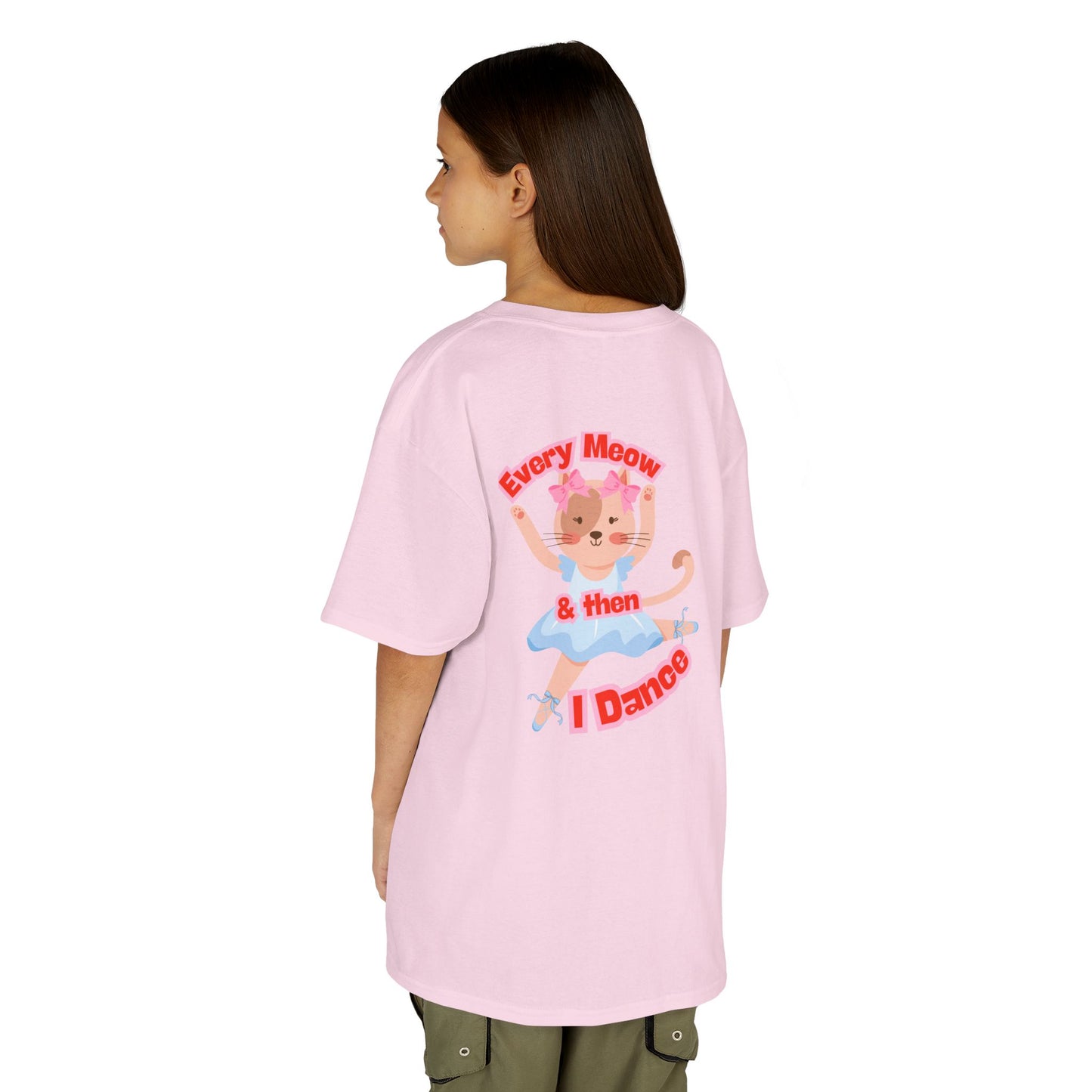 "Every Meow & Then I Dance" – Youth Short Sleeve Tee with Cute Dancing Cat Graphic | Kids’ Dance & Cat Lover T-Shirt
