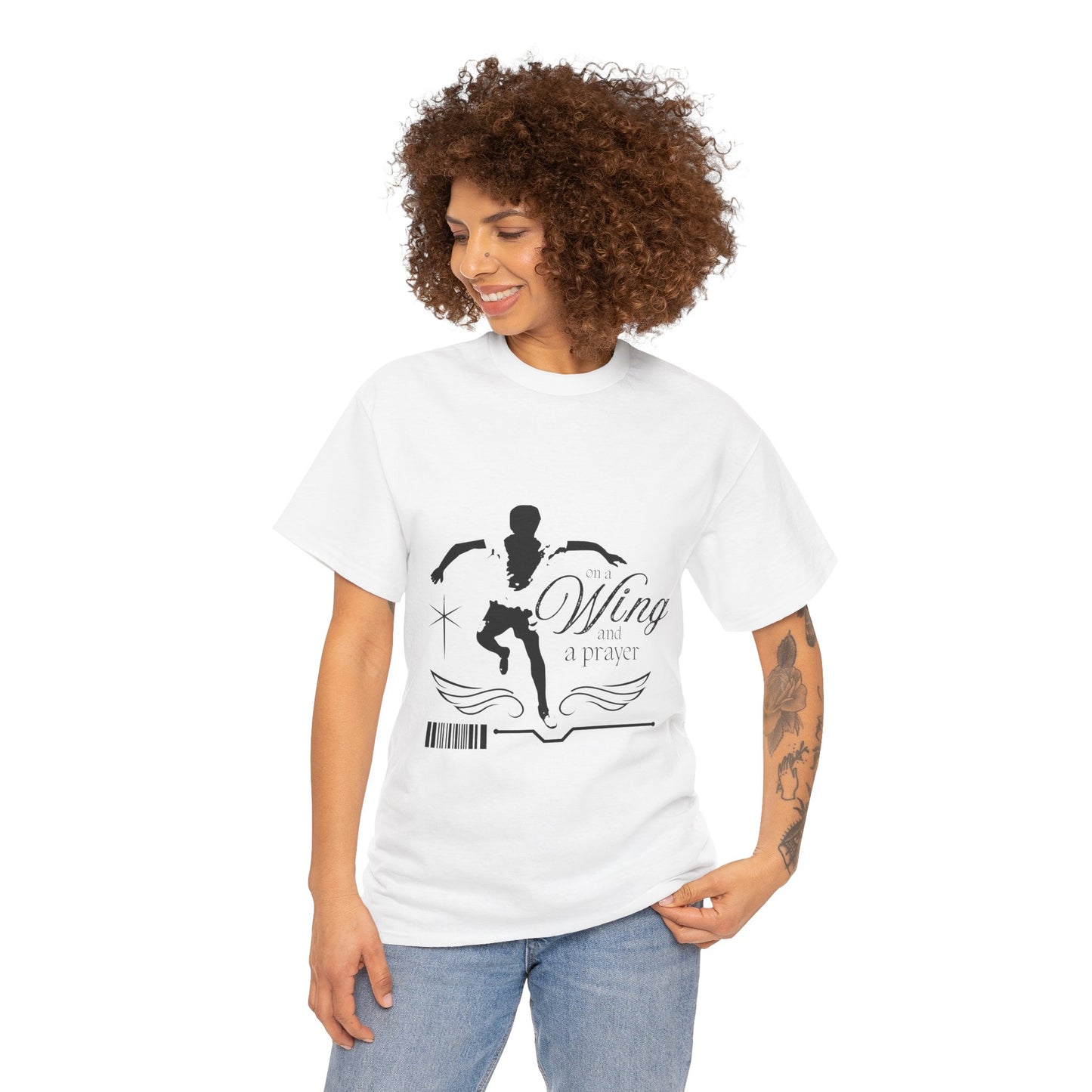 "On a Wing and a Prayer" Tap Dance Tee – Unisex Heavy Cotton T-Shirt with Streetwear-Inspired One-Footed Wing Dancer Graphic