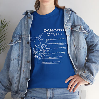 “Dancer’s Brain” Funny Dance Anatomy T-Shirt – Unisex Heavy Cotton Tee with Cute Dancer Brain Diagram and Optional Back Personalization