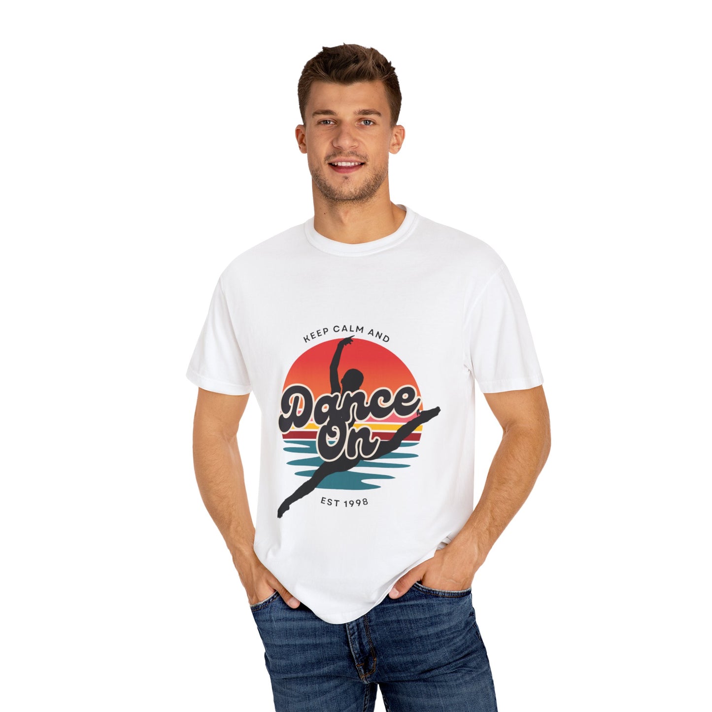 "Keep Calm and Dance On" Unisex Garment-Dyed T-Shirt – Retro Dance Graphic Tee – Vintage-Inspired Comfort Shirt for Dancers