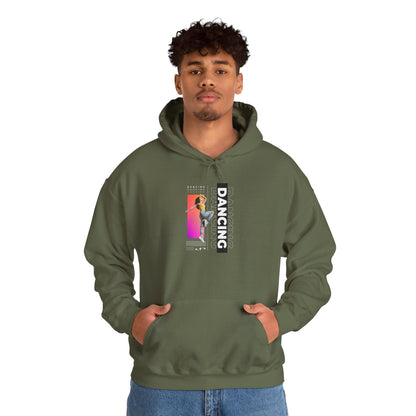 Dancing” Text with Streetwear-Style Female Dancer Graphic - Unisex Heavy Blend™ Hooded Sweatshirt – Cozy Dance Hoodie for Ballet & Hip-Hop Enthusiasts