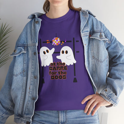 “At the Barre for the Boos” Dance Halloween T-Shirt with Cute Ghost Ballet Graphics - Unisex Heavy Cotton Tee