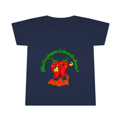 "What Is a Pepper's Favorite Dance? Salsa!" Toddler Dance T-Shirt – Cute Pepper Pun Graphic Short Sleeve Tee for Kids