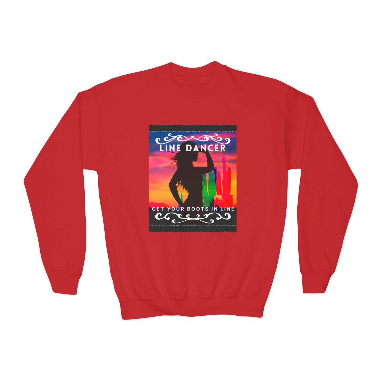 "Line Dancer, Get Your Boots in Line!" Youth Crewneck Sweatshirt – Western-Inspired Dance Graphic – Country Dance Pullover for Kids