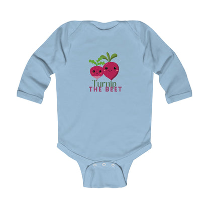 "Turnip the Beet" Infant Long Sleeve Bodysuit – Cute Veggie Dance Pun Graphic Baby Outfit for Jeté Dance Fans