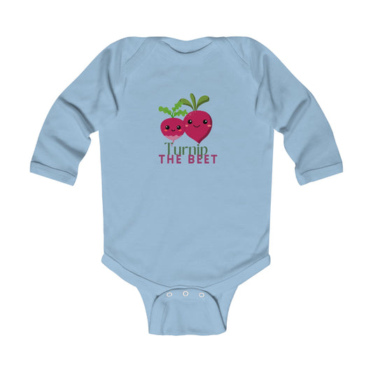 "Turnip the Beet" Infant Long Sleeve Bodysuit – Cute Veggie Dance Pun Graphic Baby Outfit for Jeté Dance Fans