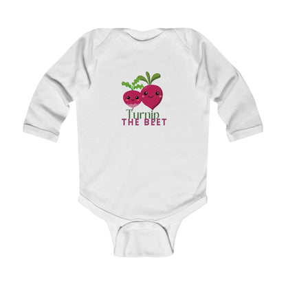"Turnip the Beet" Infant Long Sleeve Bodysuit – Cute Veggie Dance Pun Graphic Baby Outfit for Jeté Dance Fans