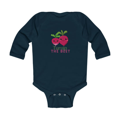 "Turnip the Beet" Infant Long Sleeve Bodysuit – Cute Veggie Dance Pun Graphic Baby Outfit for Jeté Dance Fans